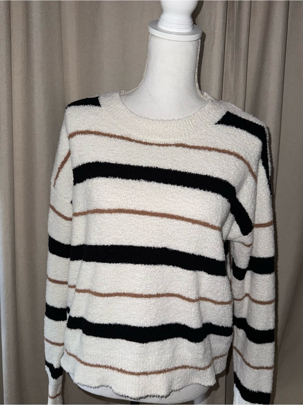 Altar'd State Cream Striped Crewneck Sweater with Black and Brown Bands